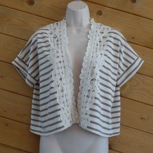 Naturalistic Army Green Cream Stripe Lace Trim Cardigan Shrug Bolero Kimono Top